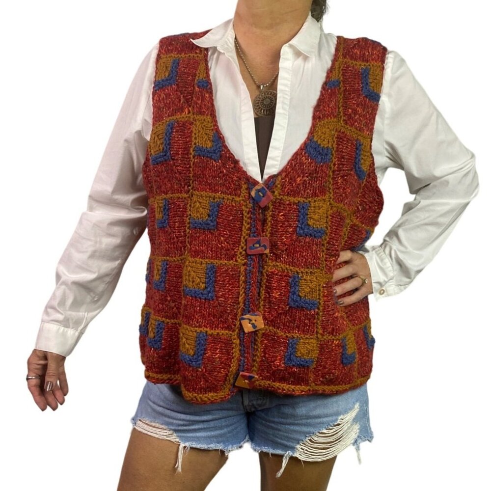 Vintage Hand-Knitted Vest Oversized red blue mustard statement buttons women XL